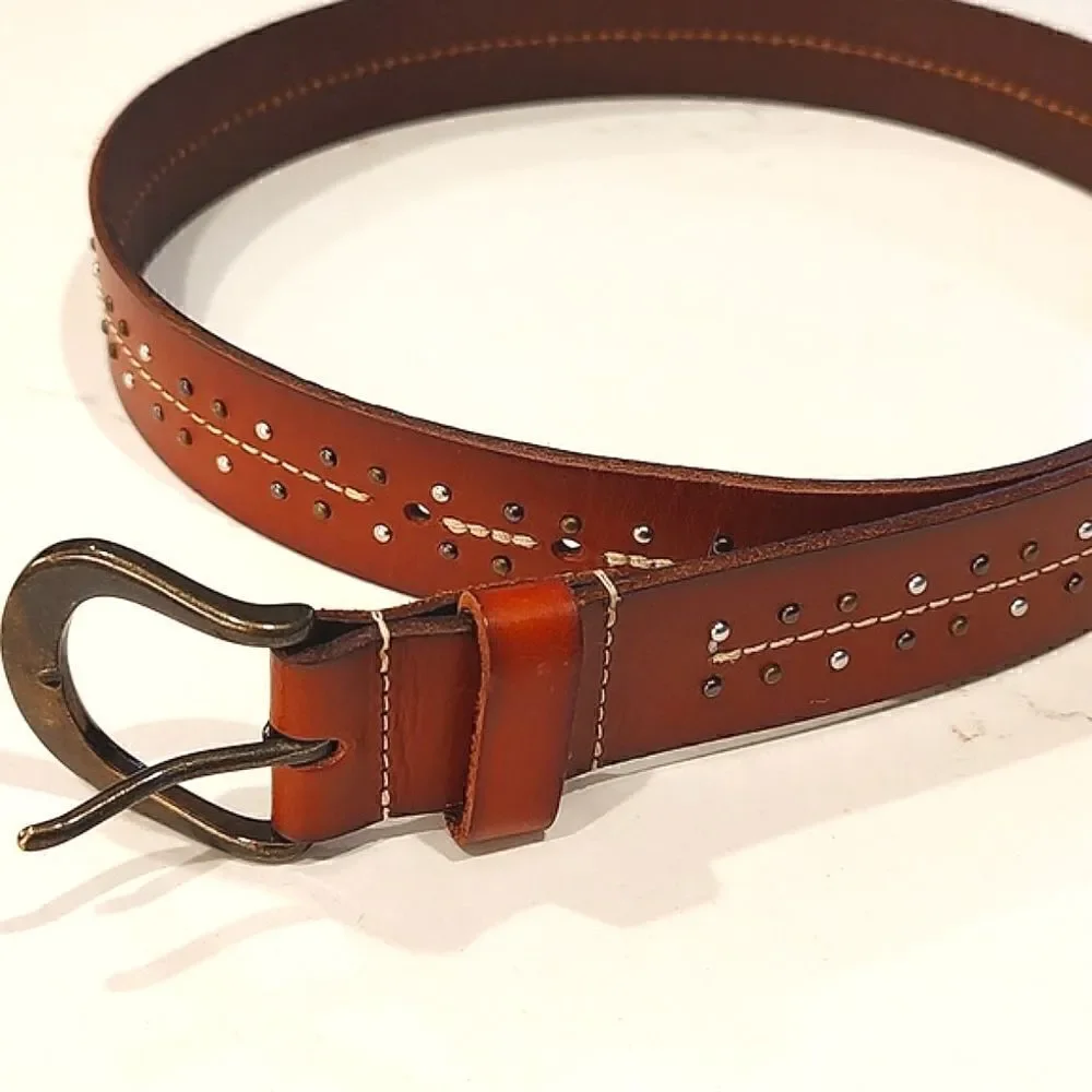 Brown Leather Tri-Metal Studded Belt Brass Buckle